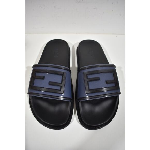 Fendi Mens Baguette Rubber Blue Black Logo Flat Slide Sandal Flip Flop UK 7 US 8 - Picture 8 of 12
